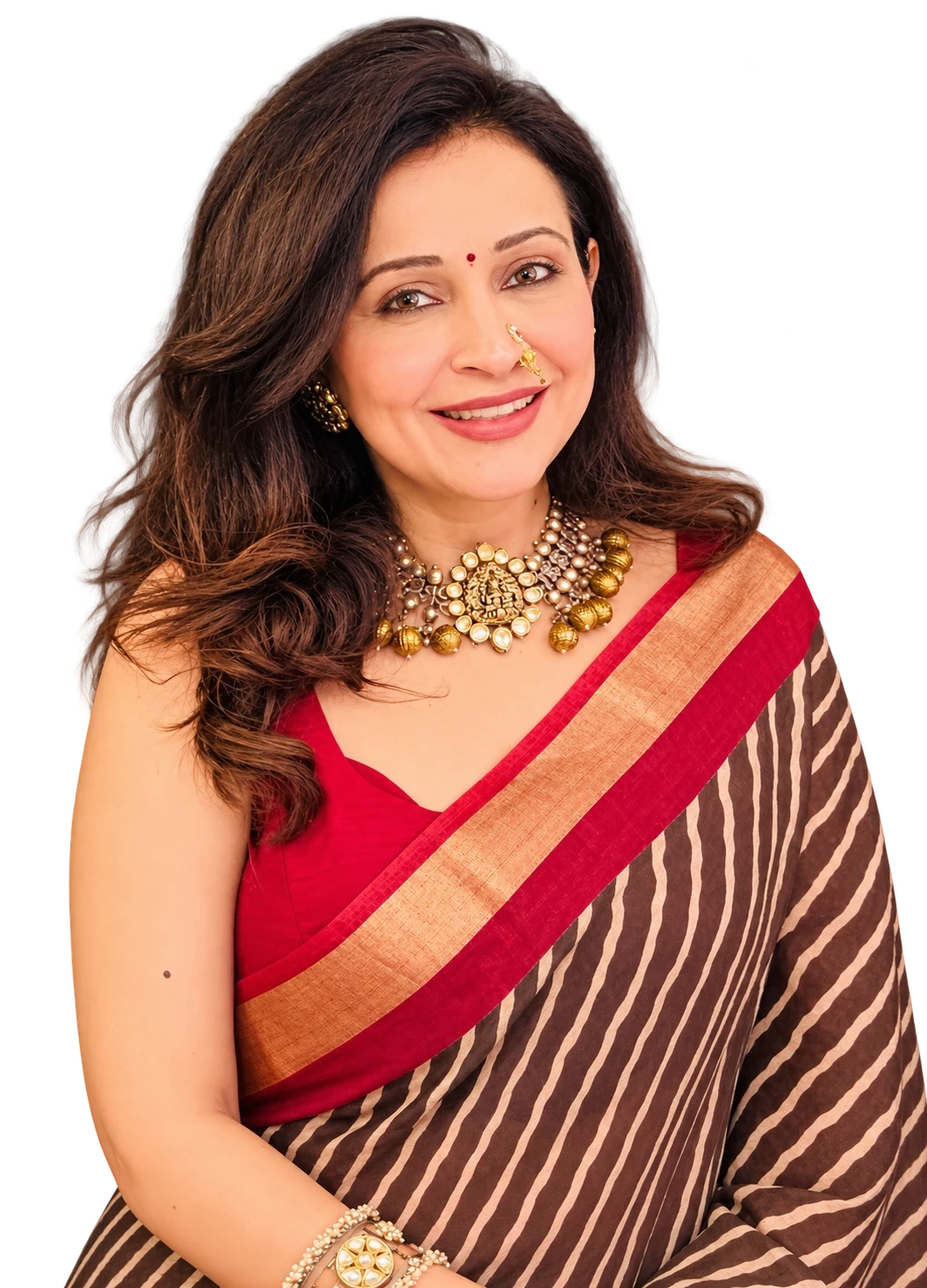 Anjan in a red-bordered saree and kundan temple choker
